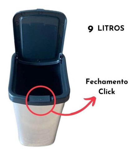 Imagem 2 de 4 de Lixeira Cesto 9 Litro Com Tampa Click Label Cinza Metalizado