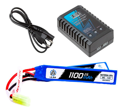 Kit Airsoft Carregador Bateria Lipo 1100mah 2s 7.4v 20c Aeg 