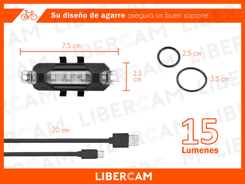 Luz Para Bicicleta Libercam LBIC-20BL De Seguridad Recargable Usb 5 LED 4 Modos