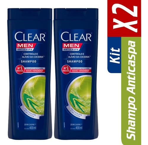 Kit Com 2 Shampoo Anticaspa Clear Men Controle Coceira 400ml