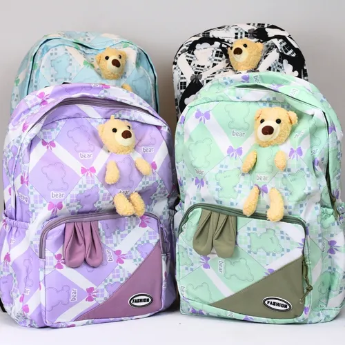 Mochila Infantil Peluche, Porta Botella Y Bolsillos De Tela Color Verde Claro Diseño De La Tela Patrones