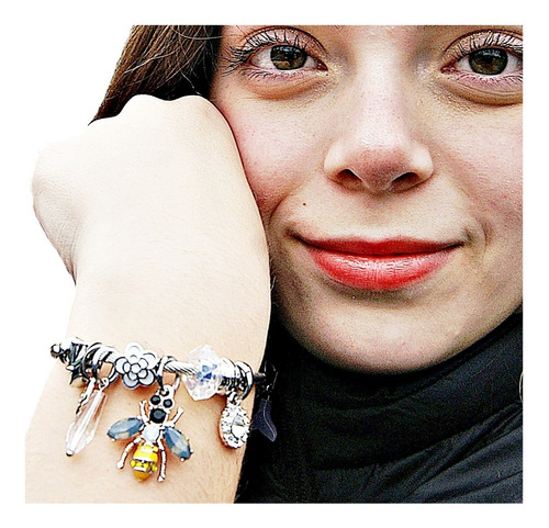 Pulsera Acero Y Charms Abeja Blanco