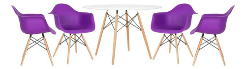 Kit Mesa Jantar Redonda 120 Cm 4 Cadeiras Eames Wood Daw Cor da tampa Mesa branco com cadeiras roxo