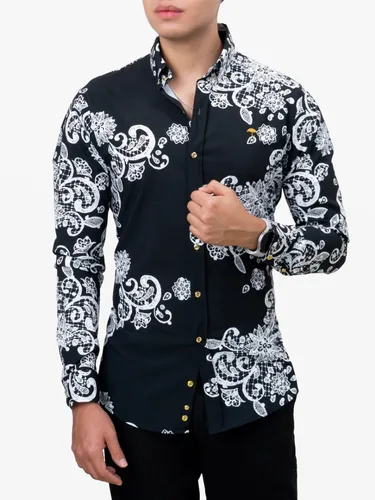 Camisa negra floreada hombre sale