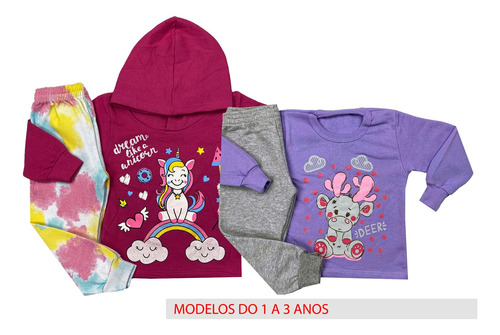 Kit 3 Conjuntos Moletom Infantil Menina Roupa Inverno