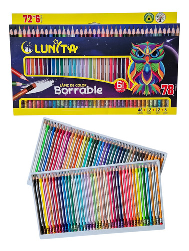 Lapices De Colores Borrables Lunita 72 Colores + 6 Grafito Trazo