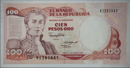 Billete De 100 Pesos Oro Colombianos 1 Enero 1987