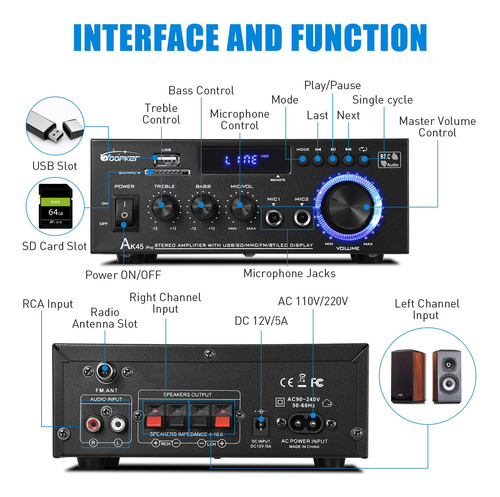 Amplificador Woopker Ak45 Pro Home Audio Estéreo Bluetooth 5