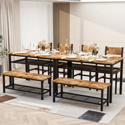 AWQM Juego de mesa de cocina con 2 bancos, juego de mesa de comedor para 4  personas con estante de almacenamiento para cocina del hogar, comedor
