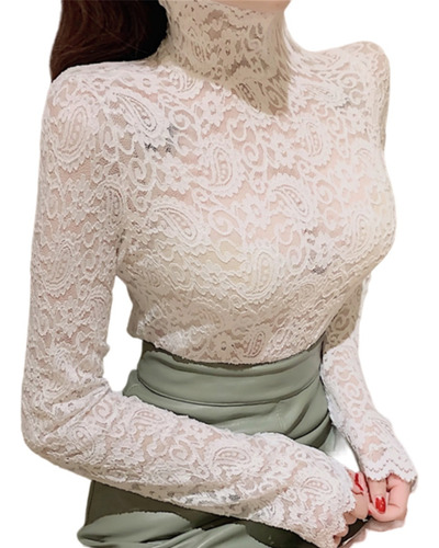 Blusa Top De Encaje Floral Transparente Cullo Alto Mujer 197