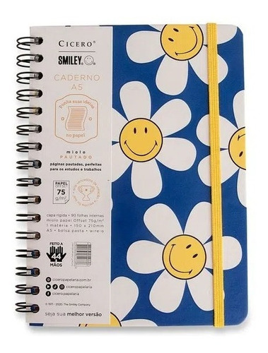 Unidad rayada Cicero Smiley Blue Daisy de 90 hojas x 1 unidad de 21 cm x 14,8 cm con forma de margarita azul sonriente