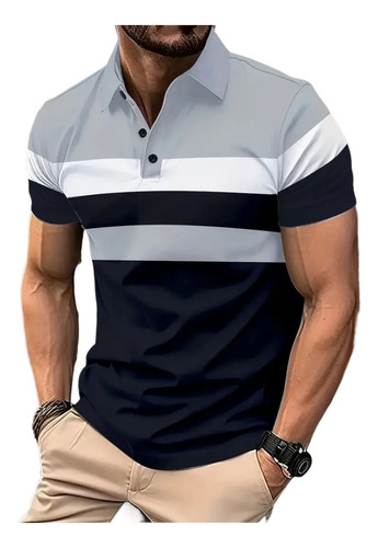 Men's Short Polo Shirt Button Casual Striped Top