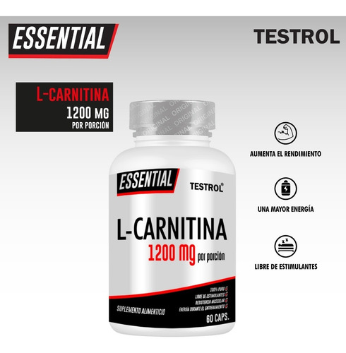 Carnitina 1200 Mg | Testrol | Essential | 60 Caps Sabor Sin sabor