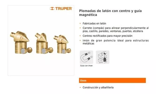 17068 / PLOM-3L TRUPER Plomada de latón 16 oz con centro y guía magnética,  Truper