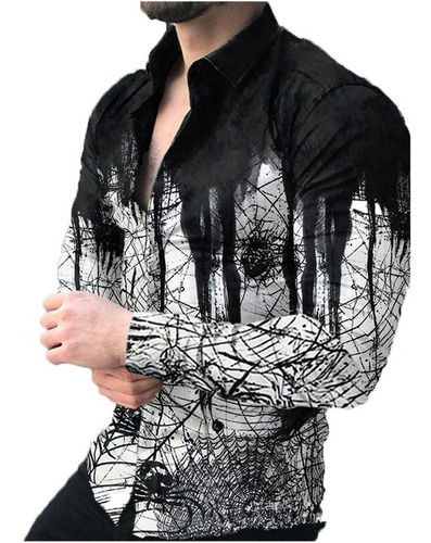 Camisa De Solapa De Manga Larga Con Estampado Digital 3d Par