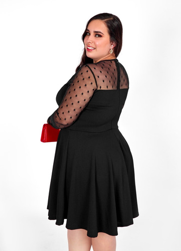 Imagen 3 de 3 de Bonito Vestido Para Gorditas Con Mangas Tul Puntos L, Xl, Xx