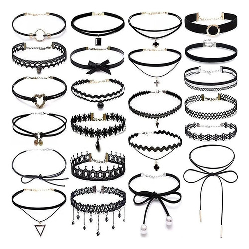 Collar Gargantilla Accesorios Mujer Negro Encaje Gotico 22pz