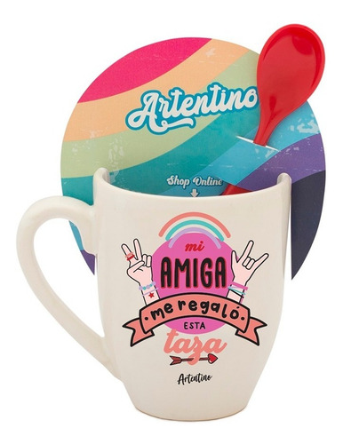 Imagen 2 de 5 de Set 6 Taza Jarro Cerámica Cuchara Regalo Amigo Amiga Café Té