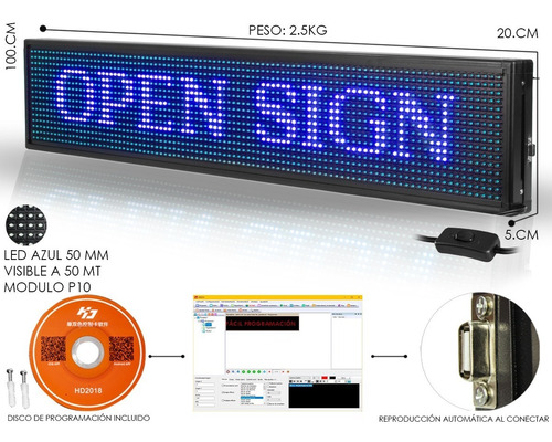 Imagen 2 de 2 de Letrero Led Color Azul Facil Programacion 1mx20cm - Steelpro