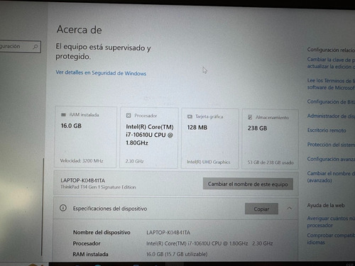 Laptop Lenovo Thinkpad T14 Gen1 Intel I7 16 Gb Ram 238 Gb Negro (Usado)