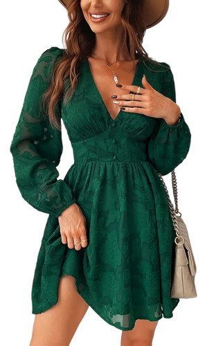 Vestidos De Mujer Con Cuello En V, Manga Larga, Verde, Elega