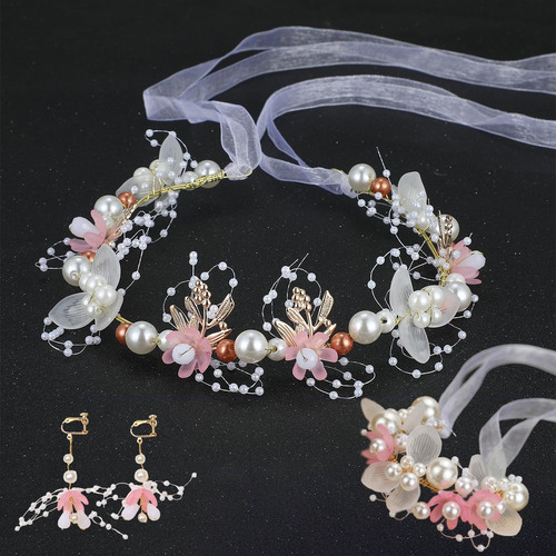 4 Accesorios Niñas Cabello Tiara Con Flores Perlas Cristal