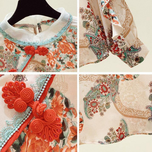 Camisa Retro De Chifón Con Volantes Y Botones En Forma De Di
