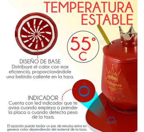 Kit Taza Calentador Eléctrico Cerámica Corona Posavasos Café Color Rojo