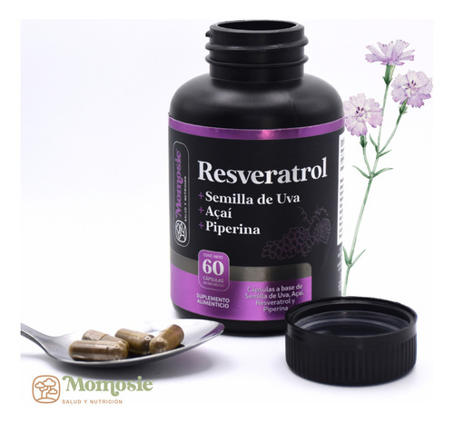 Resveratrol + Piperina + Acai + Semilla Uva | 60 Caps 500 Mg Sin Sabor