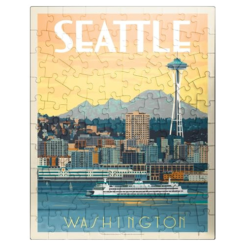 Seattle, Wa: Ferry, Vintage Poster - Premium 100 Piece Jigsa