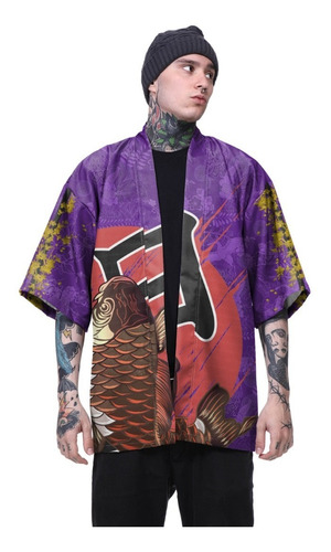 Kimono Haori Oriental Japão Carpa Koi Fish Oni Mask Floral