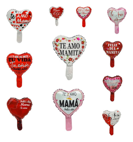 Pack 50 Mini Globos Metálico Feliz Día Mama 15cm Con Varilla