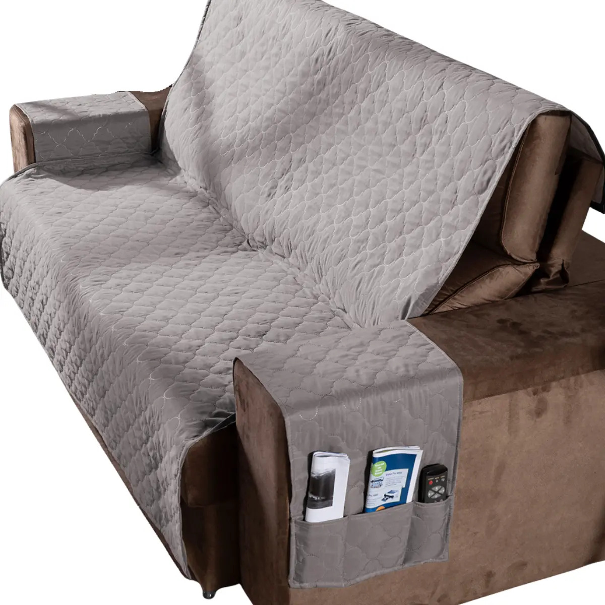 Protetor De Sofá Impermeável 3 Lugares King Com Bolsos 1,80m Cor Cinza Geométrico