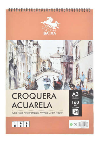 Cuaderno Croquera Acuarela De Dibujo A3 160g 24 Hojas