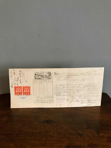 Antiguo Documento Recibo Timbres Fiscales & Grabado Impreso