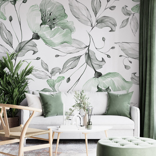 Vinilo Decorativo Empapelado Mural Pared Flores Grande Verde