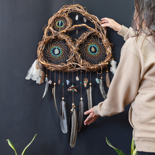 Atrapasueños Nature Rústico Madera Plumas Naturales Turquesa Collage De 3 Atrapsueños Tierra Con Turquesa