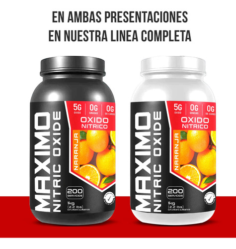 Óxido Nítrico Maximo Protein 1kg Pre Entreno 200 Servicios Naranja