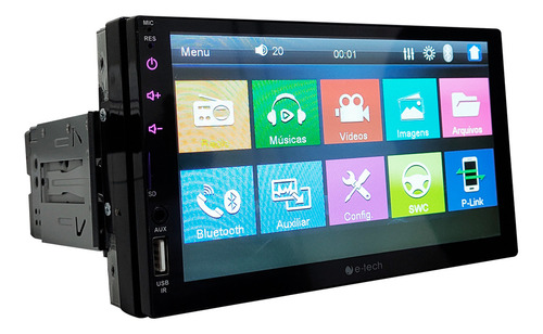 Multimídia Com Camera De Ré E-tech Fundo 1 Din Mp5 7 Pol Cor Preto