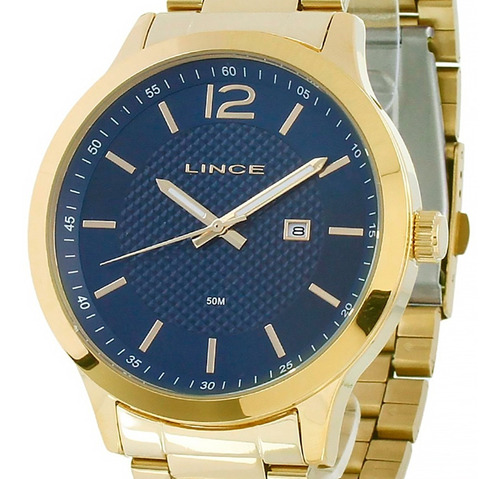 Relógio Masculino Lince Dourado Fundo Azul Com Calendário