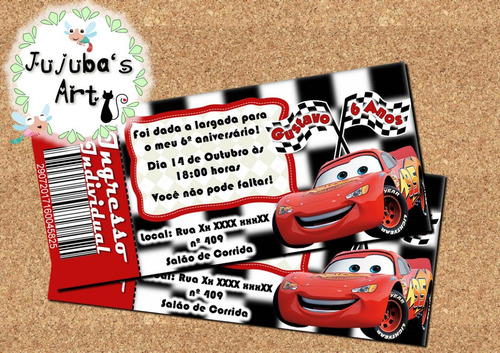 Imagem 1 de 2 de Arte Digital Convite Ingresso Carros Disney