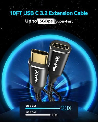 Cable De Extensión Cleefun Usb C De 10 Pies, Cable De Extens