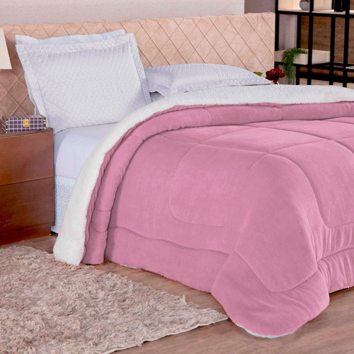 Coberdrom Edredom Queen Pele Alaska Sherpa/manta Dupla Face Cor Rose Desenho Do Tecido Lisa