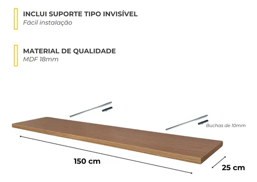Prateleira De Parede Com Suporte Invisível 150x25 - 1,5m