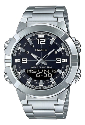 Reloj Casio Illuminator World Time +30 Memo AMW-870D-1avdf, color de la correa: plata, color del bisel, color plateado, color de fondo negro