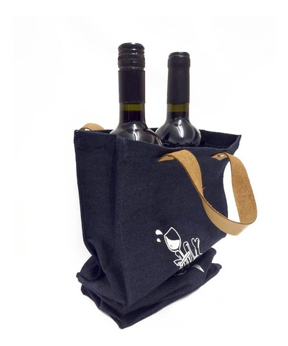 Imagen 2 de 5 de Bolsa Jean Y Cuero Para Botella De Vino Factura A O B