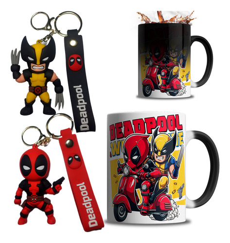 Combo Taza Màgica + Llaveros 3d Deadpool Y Wolverine Negro Deadpool Y Wolverine