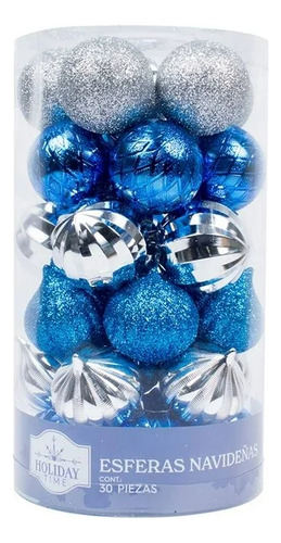 30 Esferas De 6cm Navideñas Navidad Para Árbol Plata Y Azul