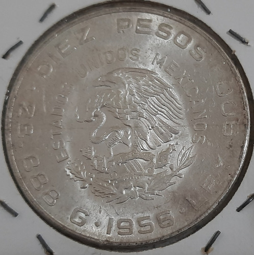 Moneda Plata México, Hidalgo Grande, Valor $10, Año 1956. (Usado)
