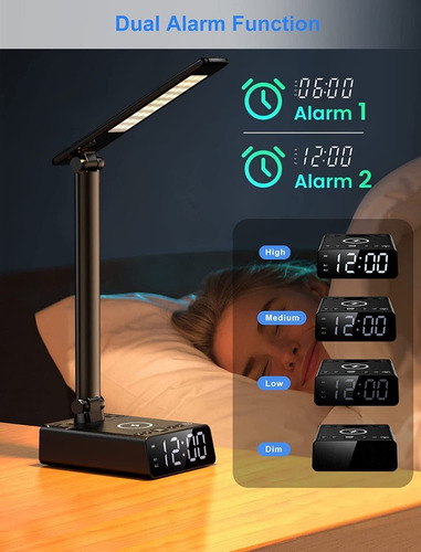 Lampara De Escritorio Led Con Reloj Carga Inalambrica Usb